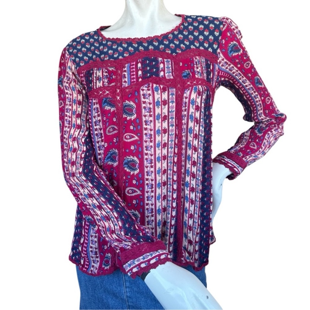 Anthropologie Maeve Pink & Blue Paisley Blouse Button Back Boho Hippie Size 8